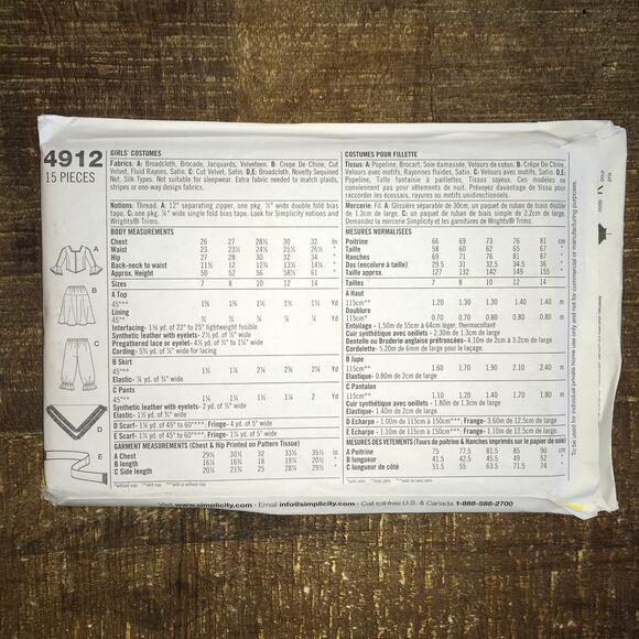 Simplicity Sewing Pattern 4912 Girls Costume Pirate Elizabeth Swann 7-14 UNCUT - Picture 2 of 2